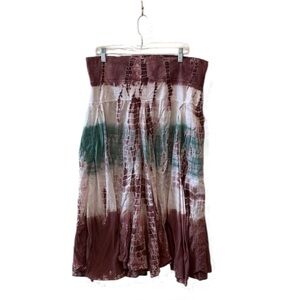 Now & Then Tie Dye Maxi Skirt Flowy Brown Green Boho Hippie Comfort Waist XL